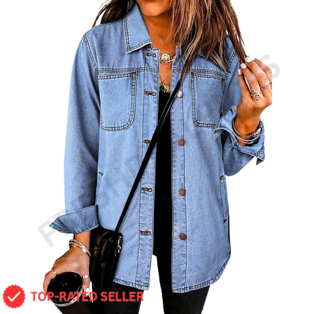 Denim Jacket Long Sleeve Button Down Shacket Western Work Jacket Trendy